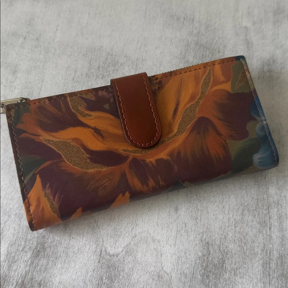 Patricia Nash NAZARI Leather Bifold Wallet Floral Marigold Harvest Blue Brown NW